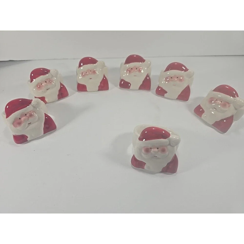 8 Vintage Santa Claus Ceramic 80's Christmas Table Napkin Rings/Holders
